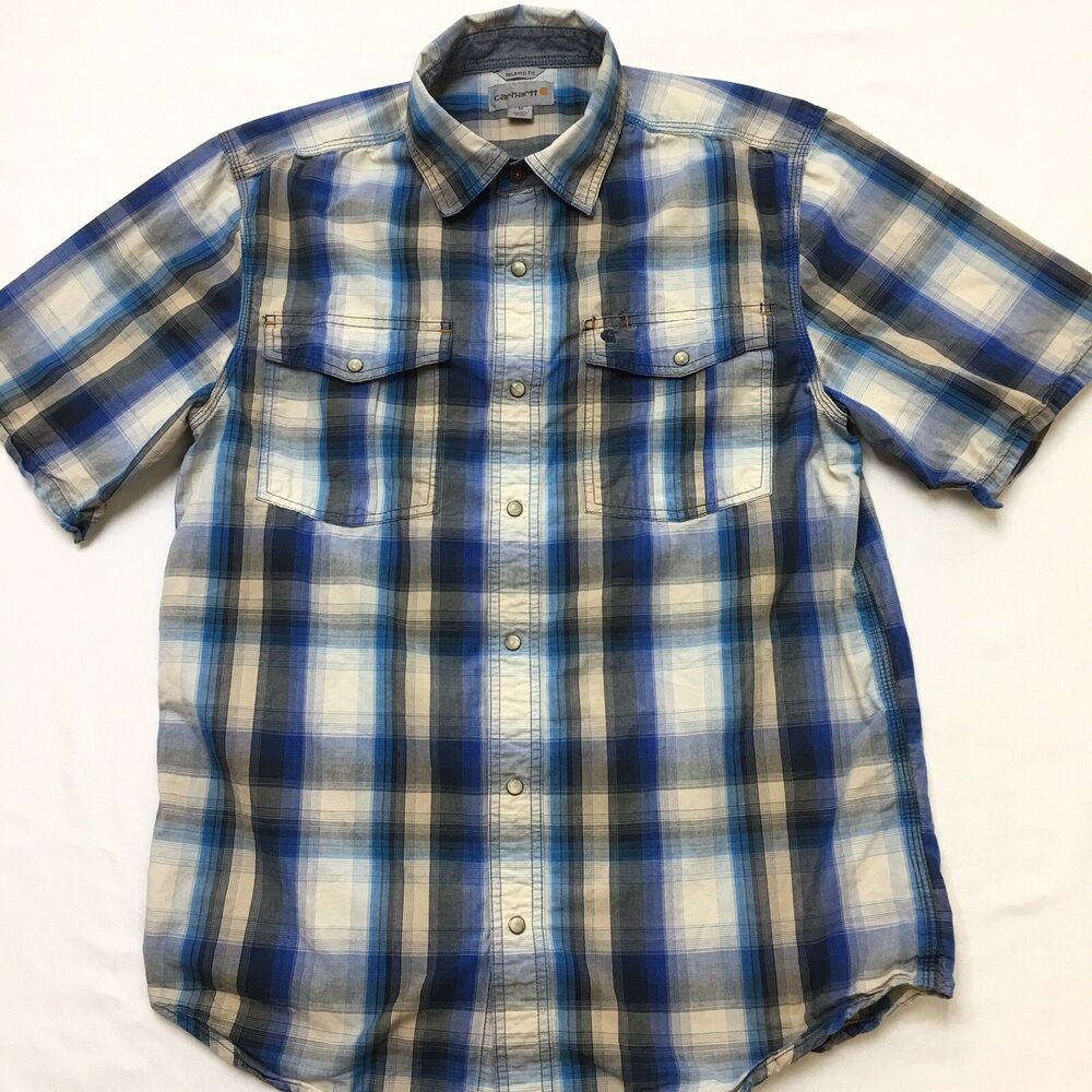 CARHARTT Relaxed Fit Shirt Men M Blue Gray Plaid Pearl Snap Short Sleeve Work